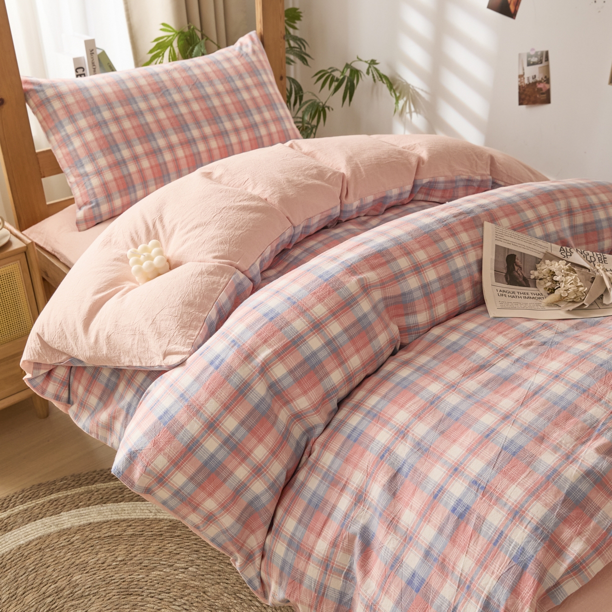 91家纺网 家纺一手货源 找家纺 爱屋及屋 2025新款水洗棉学生季大礼包学生宿舍六件套棉花被+棉花垫子+枕头+三件套一站式全套 清新格