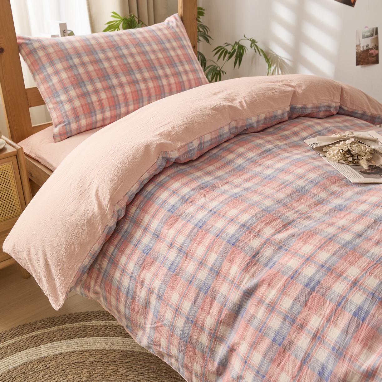 91家纺网 家纺一手货源 找家纺 爱屋及屋 2025新款水洗棉学生季大礼包学生宿舍六件套棉花被+棉花垫子+枕头+三件套一站式全套 清新格