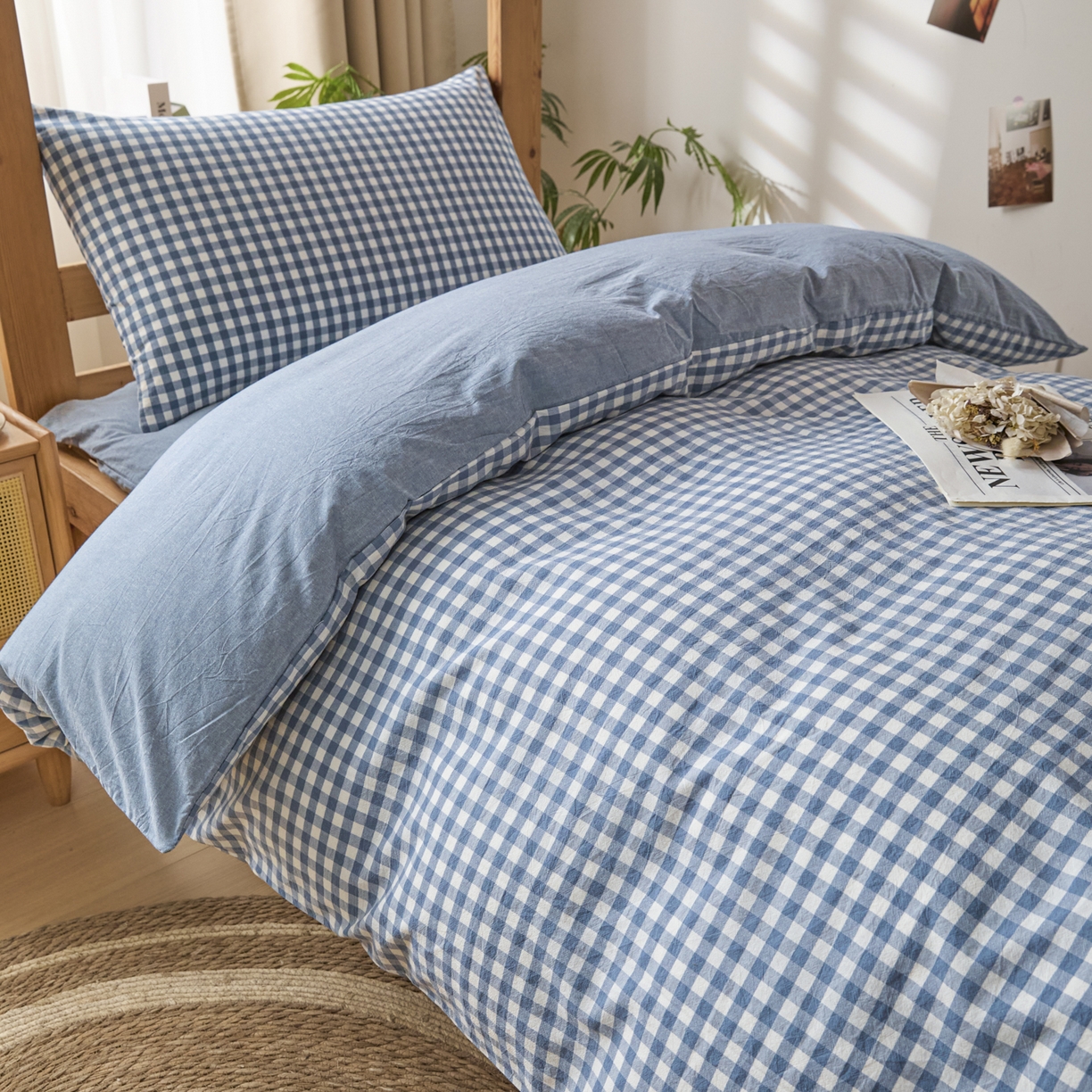 91家纺网 家纺一手货源 找家纺 爱屋及屋 2025新款水洗棉学生季大礼包学生宿舍六件套棉花被+棉花垫子+枕头+三件套一站式全套 蓝小格