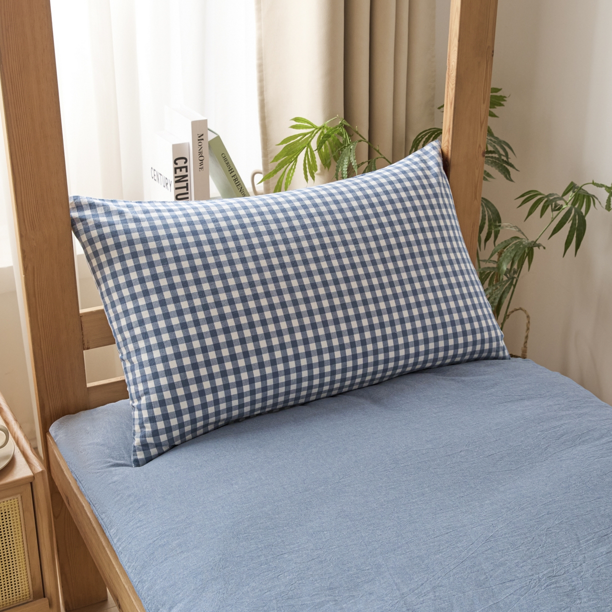 91家纺网 家纺一手货源 找家纺 爱屋及屋 2025新款水洗棉学生季大礼包学生宿舍六件套棉花被+棉花垫子+枕头+三件套一站式全套 蓝小格