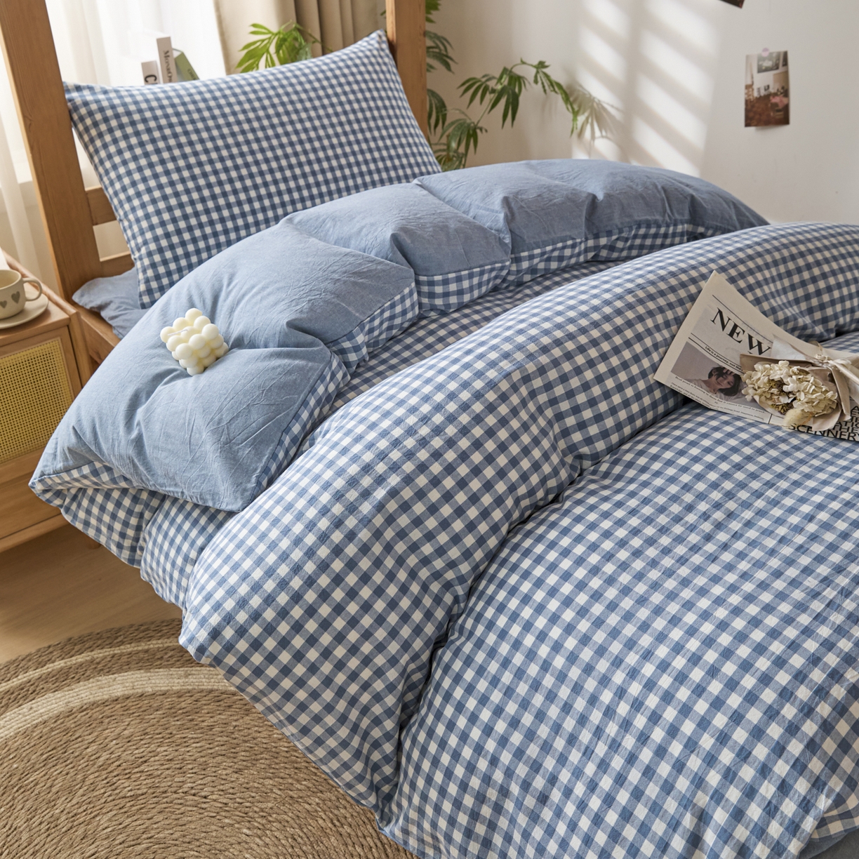 91家纺网 家纺一手货源 找家纺 爱屋及屋 2025新款水洗棉学生季大礼包学生宿舍六件套棉花被+棉花垫子+枕头+三件套一站式全套 蓝小格