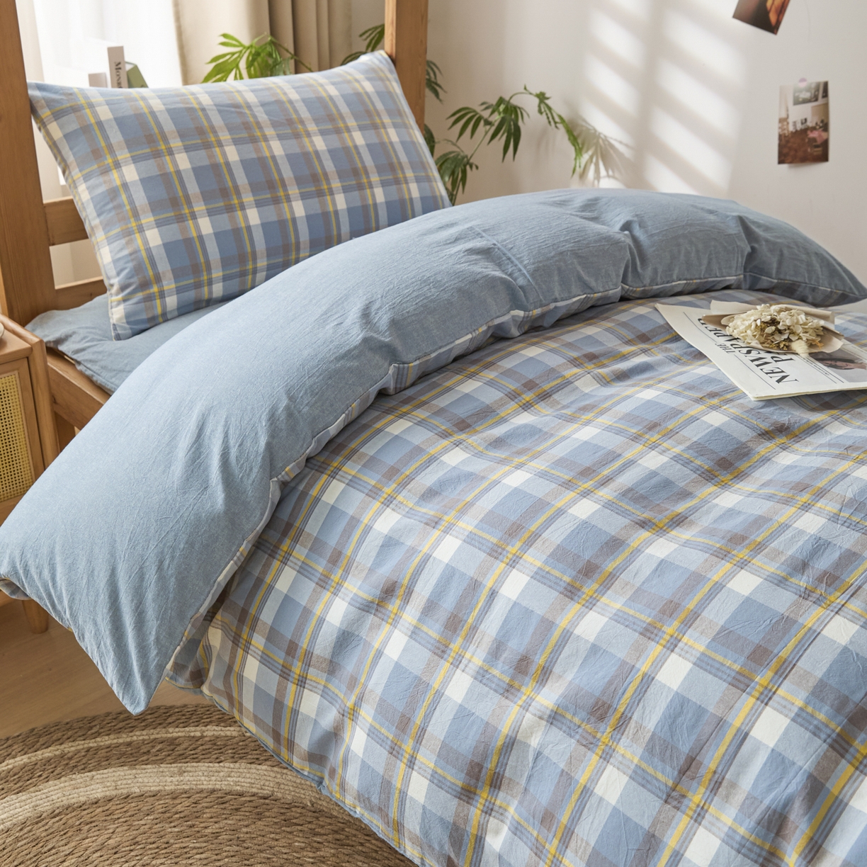 91家纺网 家纺一手货源 找家纺 爱屋及屋 2025新款水洗棉学生季大礼包学生宿舍六件套棉花被+棉花垫子+枕头+三件套一站式全套 简析蓝