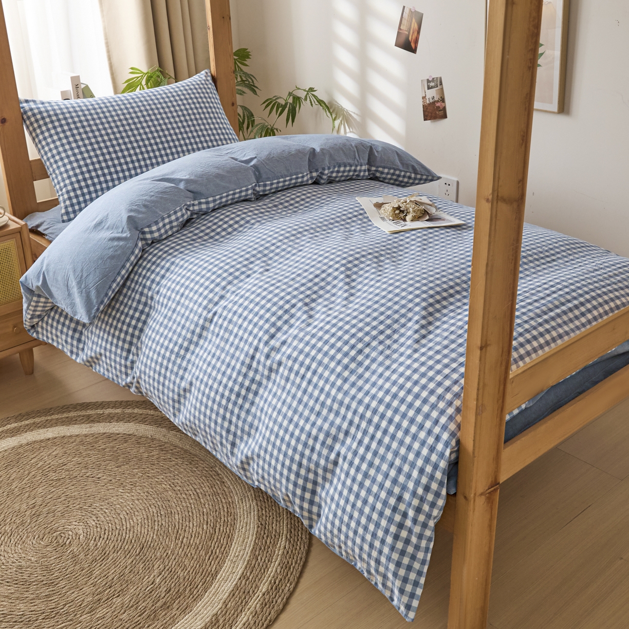 91家纺网 家纺一手货源 找家纺 爱屋及屋 2025新款水洗棉学生季大礼包学生宿舍六件套棉花被+棉花垫子+枕头+三件套一站式全套 蓝小格