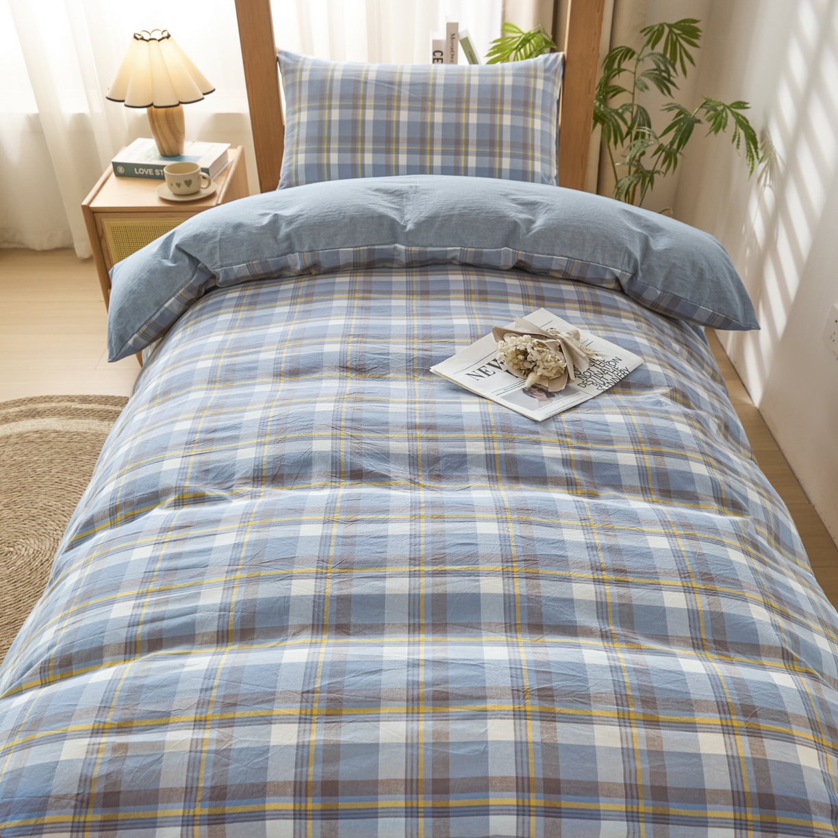 91家纺网 家纺一手货源 找家纺 爱屋及屋 2025新款水洗棉学生季大礼包学生宿舍六件套棉花被+棉花垫子+枕头+三件套一站式全套 简析蓝