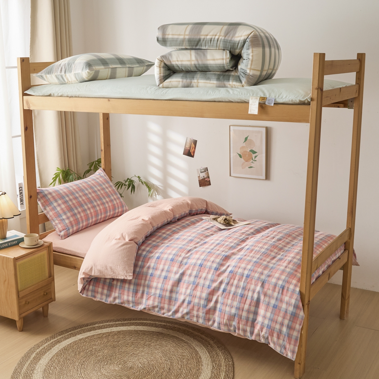 91家纺网 家纺一手货源 找家纺 爱屋及屋 2025新款水洗棉学生季大礼包学生宿舍六件套棉花被+棉花垫子+枕头+三件套一站式全套 清新格