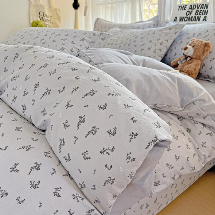 91家纺网 家纺一手货源 找家纺 欢博莱  2025新款仿纯棉四件套学生宿舍三件套单被套 叶初开-灰