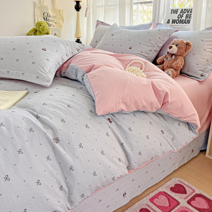 91家纺网 家纺一手货源 找家纺 欢博莱  2025新款仿纯棉四件套学生宿舍三件套单被套 樱桃爱-灰
