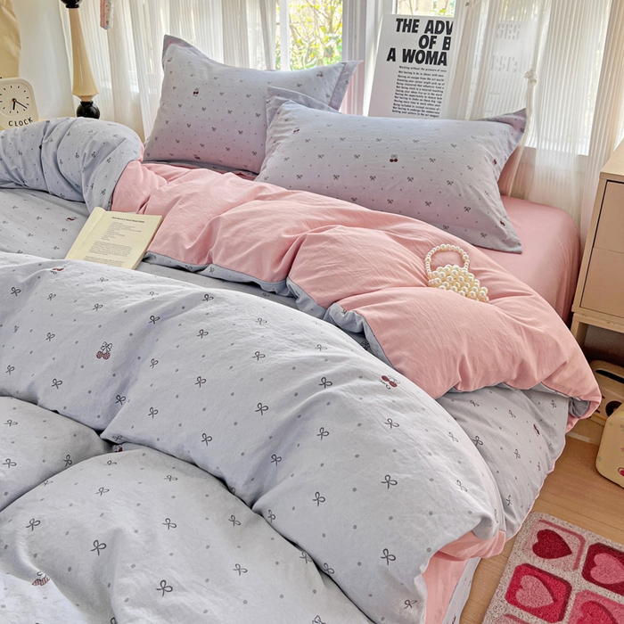 91家纺网 家纺一手货源 找家纺 欢博莱  2025新款仿纯棉四件套学生宿舍三件套单被套 樱桃爱-灰
