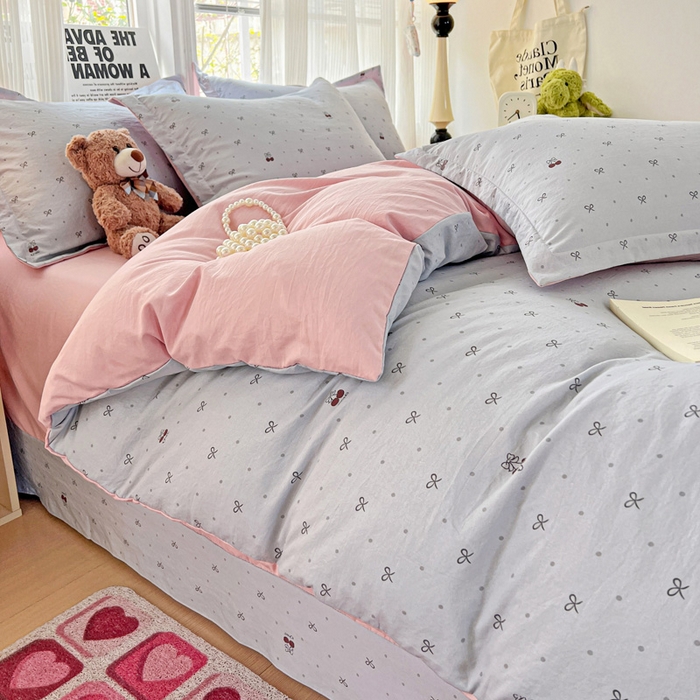 91家纺网 家纺一手货源 找家纺 欢博莱  2025新款仿纯棉四件套学生宿舍三件套单被套 樱桃爱-灰