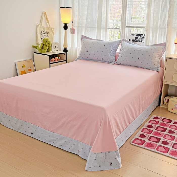 91家纺网 家纺一手货源 找家纺 欢博莱  2025新款仿纯棉四件套学生宿舍三件套单被套 樱桃爱-灰