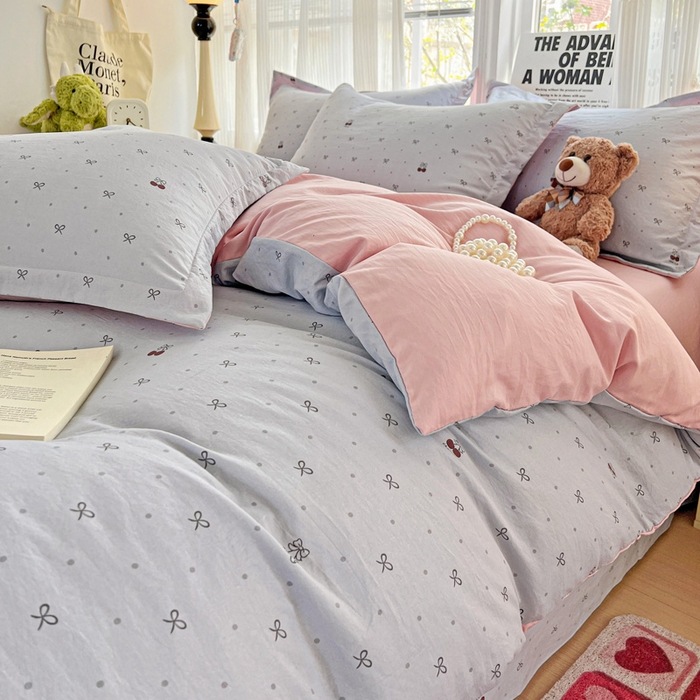 91家纺网 家纺一手货源 找家纺 欢博莱  2025新款仿纯棉四件套学生宿舍三件套单被套 樱桃爱-灰