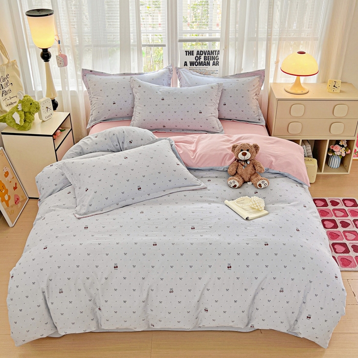 91家纺网 家纺一手货源 找家纺 欢博莱  2025新款仿纯棉四件套学生宿舍三件套单被套 樱桃爱-灰