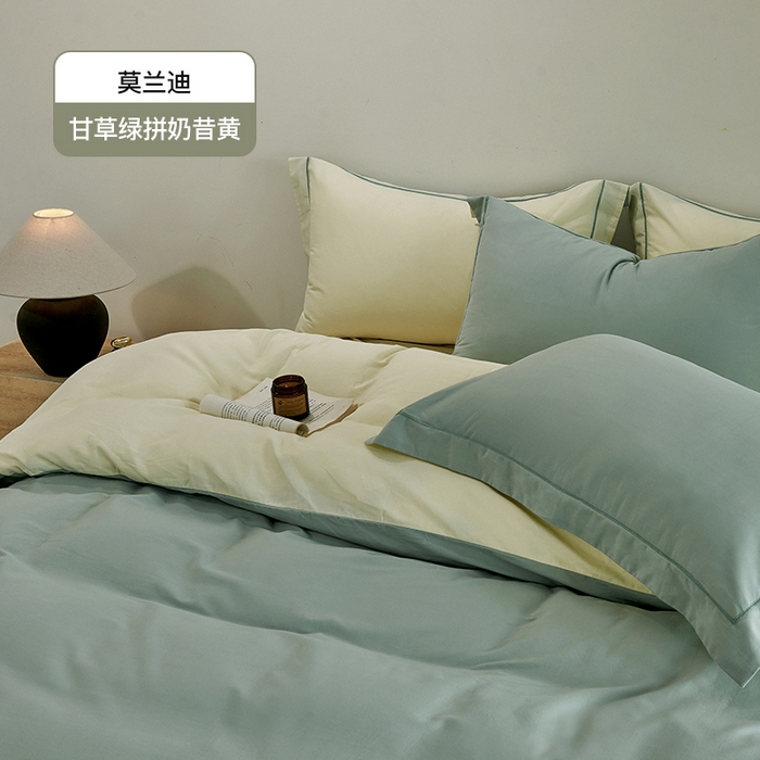 91家纺网 家纺一手货源 找家纺 沃尔居 2025新款全棉磨毛四件套正宗加厚长绒棉贡缎100%纯棉四件套（含买家秀）-莫兰迪 莫兰迪-甘草绿拼奶昔黄