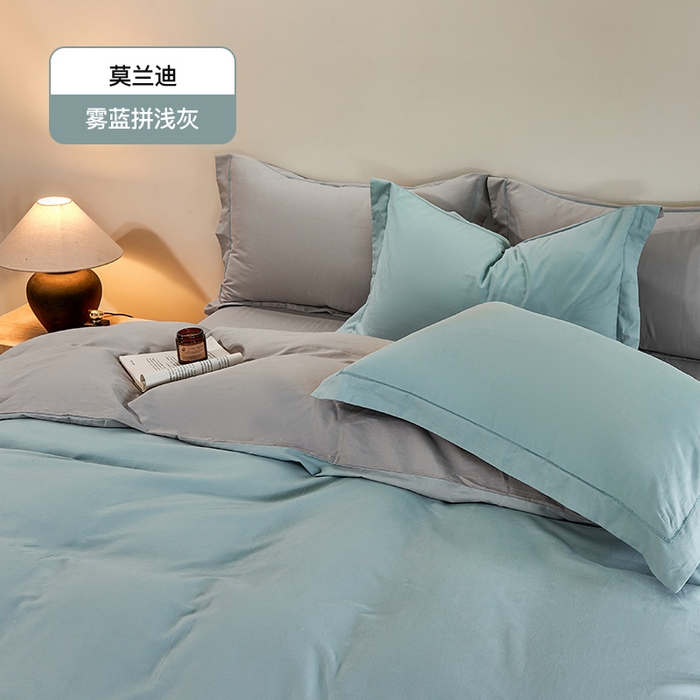 91家纺网 家纺一手货源 找家纺 沃尔居 2025新款全棉磨毛四件套正宗加厚长绒棉贡缎100%纯棉四件套（含买家秀）-莫兰迪 莫兰迪-雾蓝拼浅灰