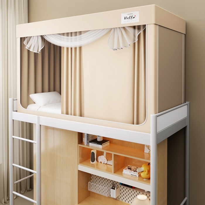 91家纺网 家纺一手货源 找家纺 青竹苑 2025新款织标印花纯色强遮光坐床学生蚊帐 纯色米咖