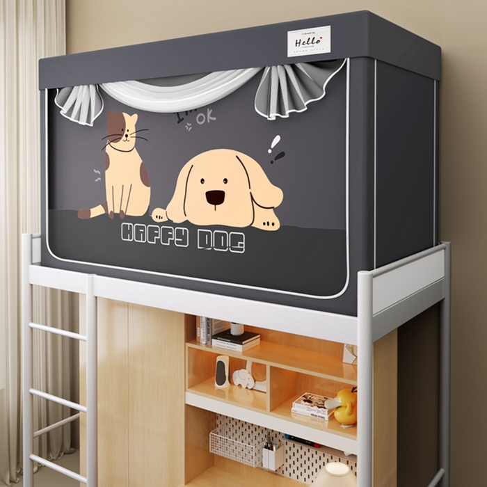 91家纺网 家纺一手货源 找家纺 青竹苑 2025新款织标印花纯色强遮光坐床学生蚊帐 快乐萌宠灰色