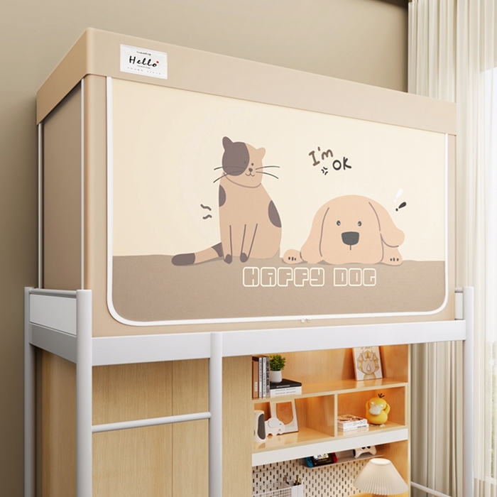 91家纺网 家纺一手货源 找家纺 青竹苑 2025新款织标印花纯色强遮光坐床学生蚊帐 快乐萌宠米咖