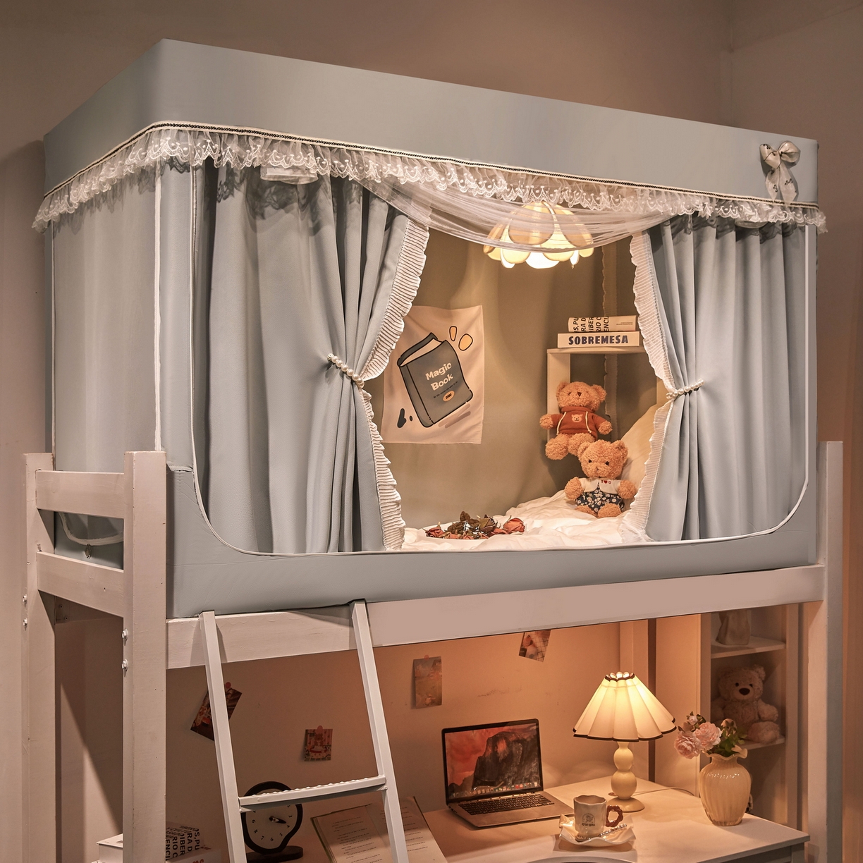 91家纺网 家纺一手货源 找家纺 夏彩 2025新款棉麻雪纺绣花防遮光铁艺烤漆学生蚊帐-88627 88627-蓝灰