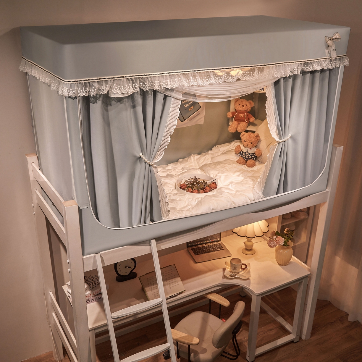 91家纺网 家纺一手货源 找家纺 夏彩 2025新款棉麻雪纺绣花防遮光铁艺烤漆学生蚊帐-88627 88627-蓝灰