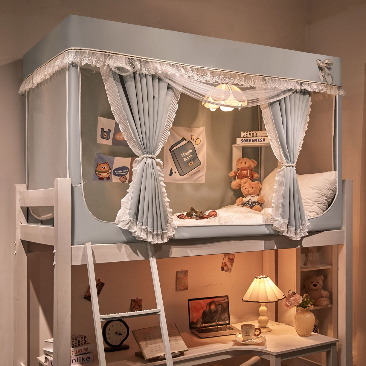 91家纺网 家纺一手货源 找家纺 夏彩 2025新款棉麻雪纺绣花防遮光铁艺烤漆学生蚊帐-88627 88627-蓝灰