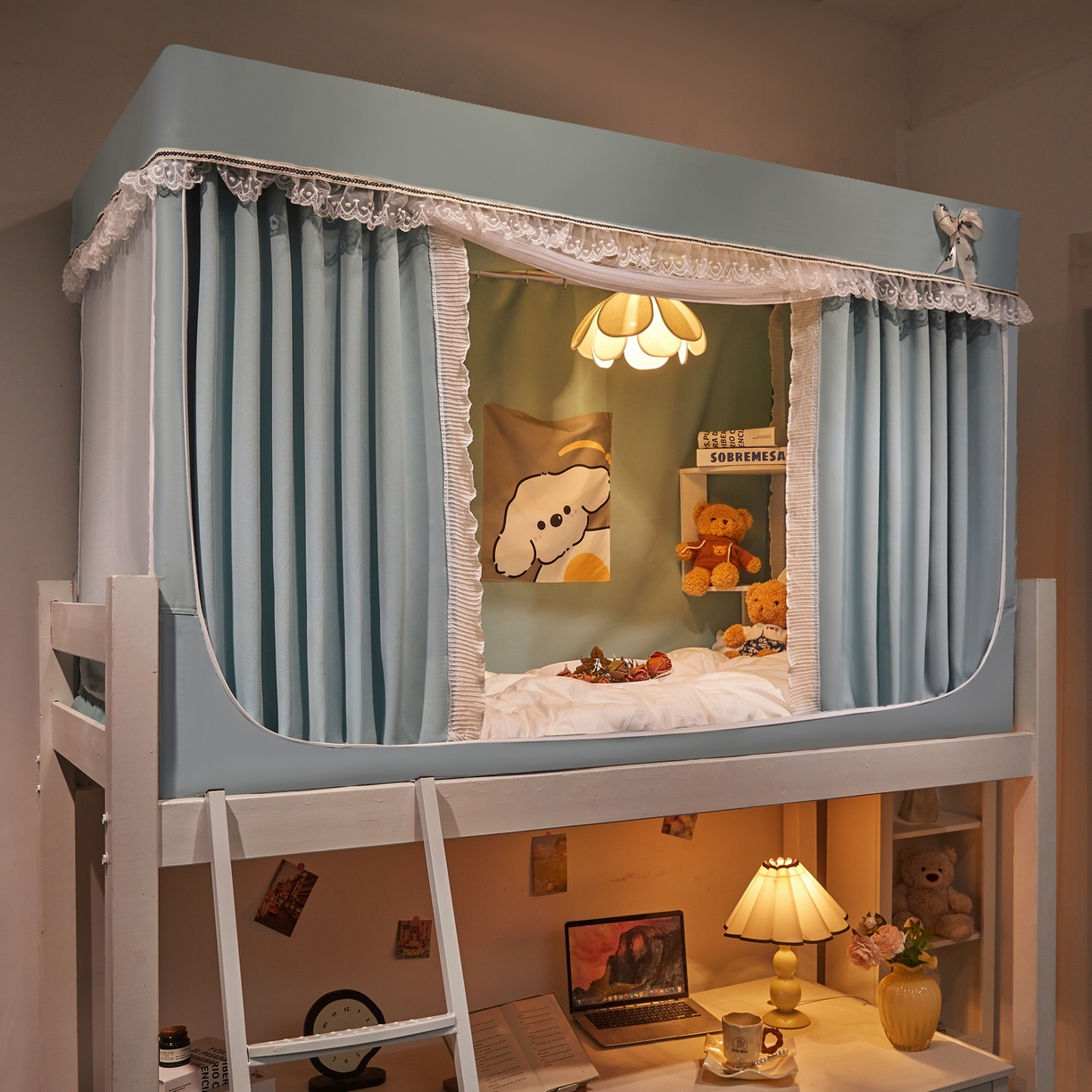 91家纺网 家纺一手货源 找家纺 夏彩 2025新款棉麻雪纺绣花防遮光铁艺烤漆学生蚊帐-88627 88627-蓝绿