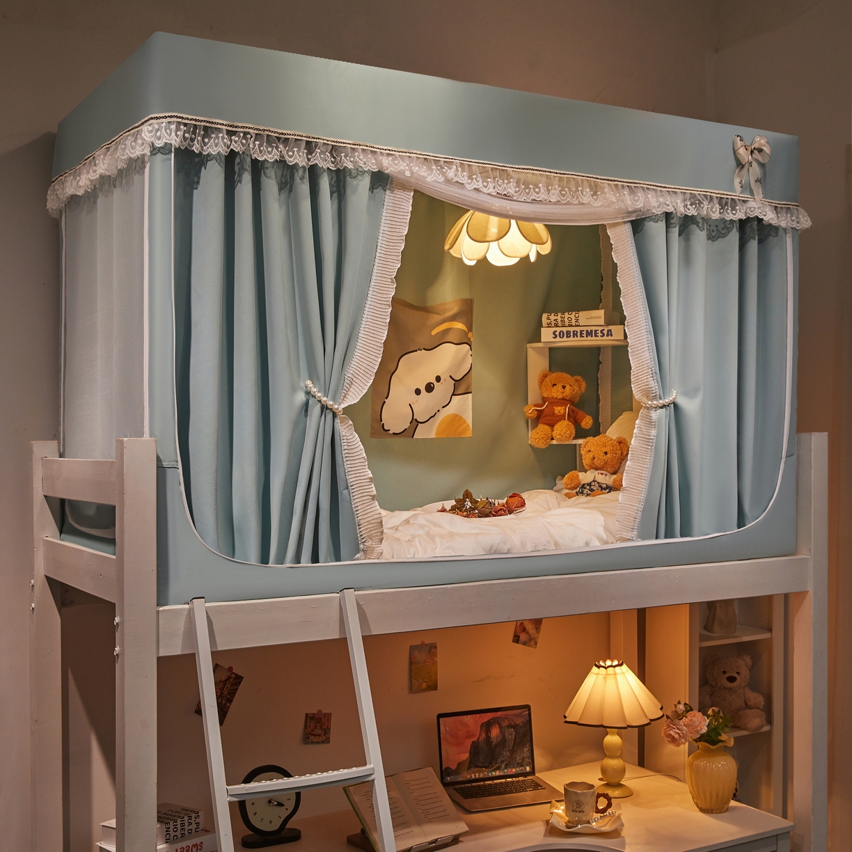 91家纺网 家纺一手货源 找家纺 夏彩 2025新款棉麻雪纺绣花防遮光铁艺烤漆学生蚊帐-88627 88627-蓝绿