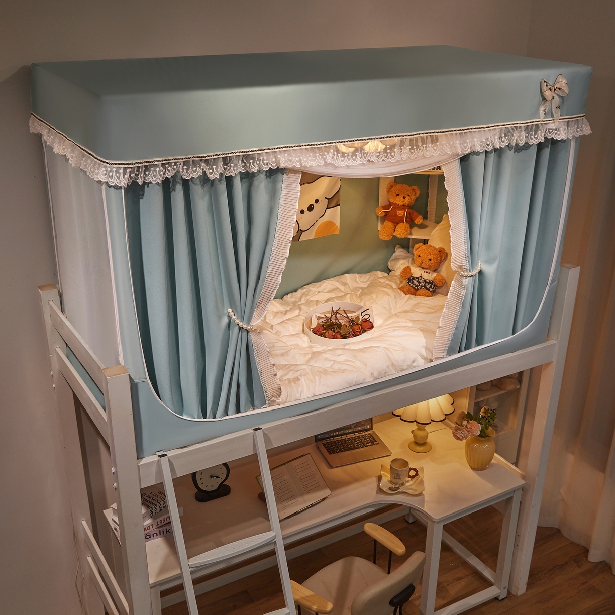 91家纺网 家纺一手货源 找家纺 夏彩 2025新款棉麻雪纺绣花防遮光铁艺烤漆学生蚊帐-88627 88627-蓝绿