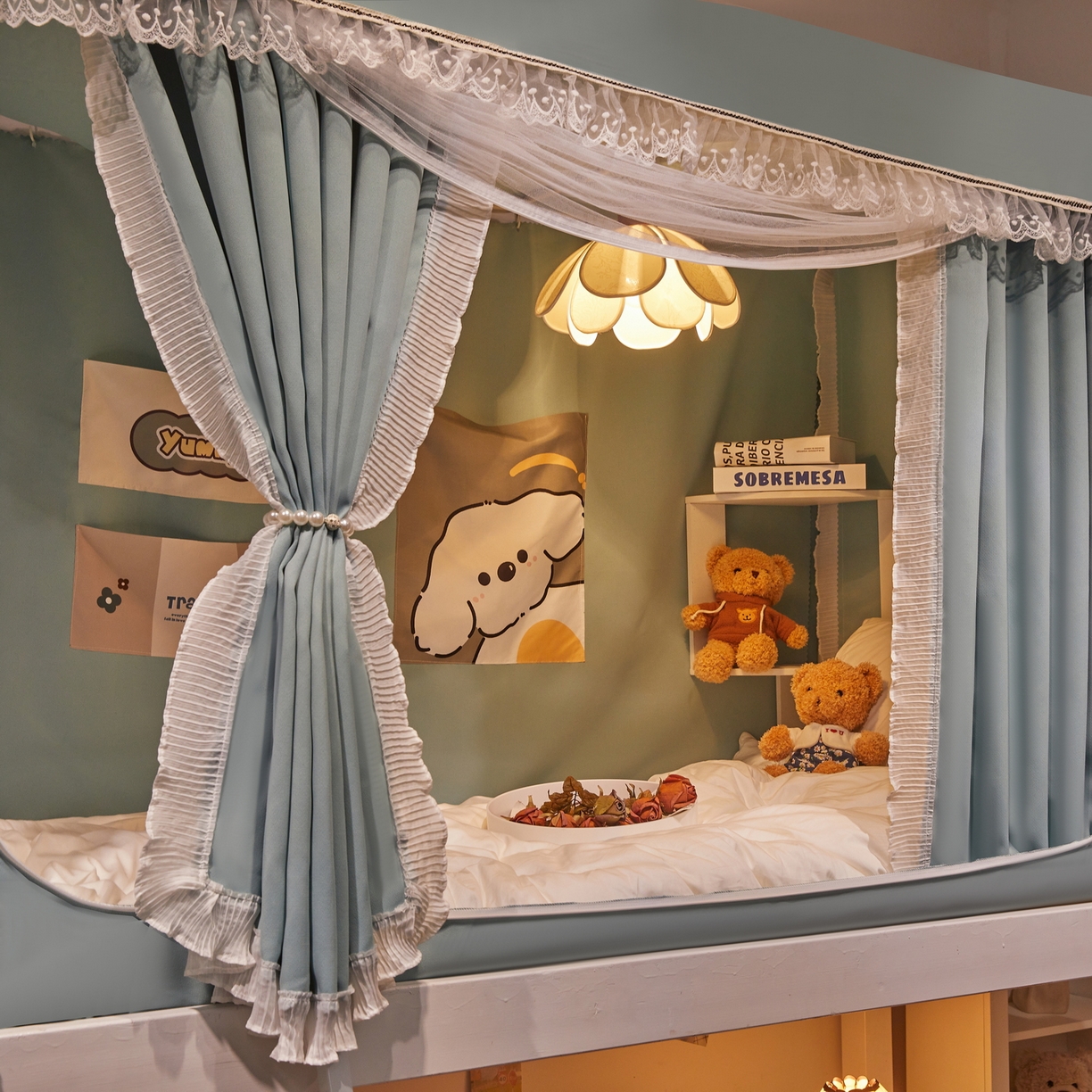 91家纺网 家纺一手货源 找家纺 夏彩 2025新款棉麻雪纺绣花防遮光铁艺烤漆学生蚊帐-88627 88627-蓝绿