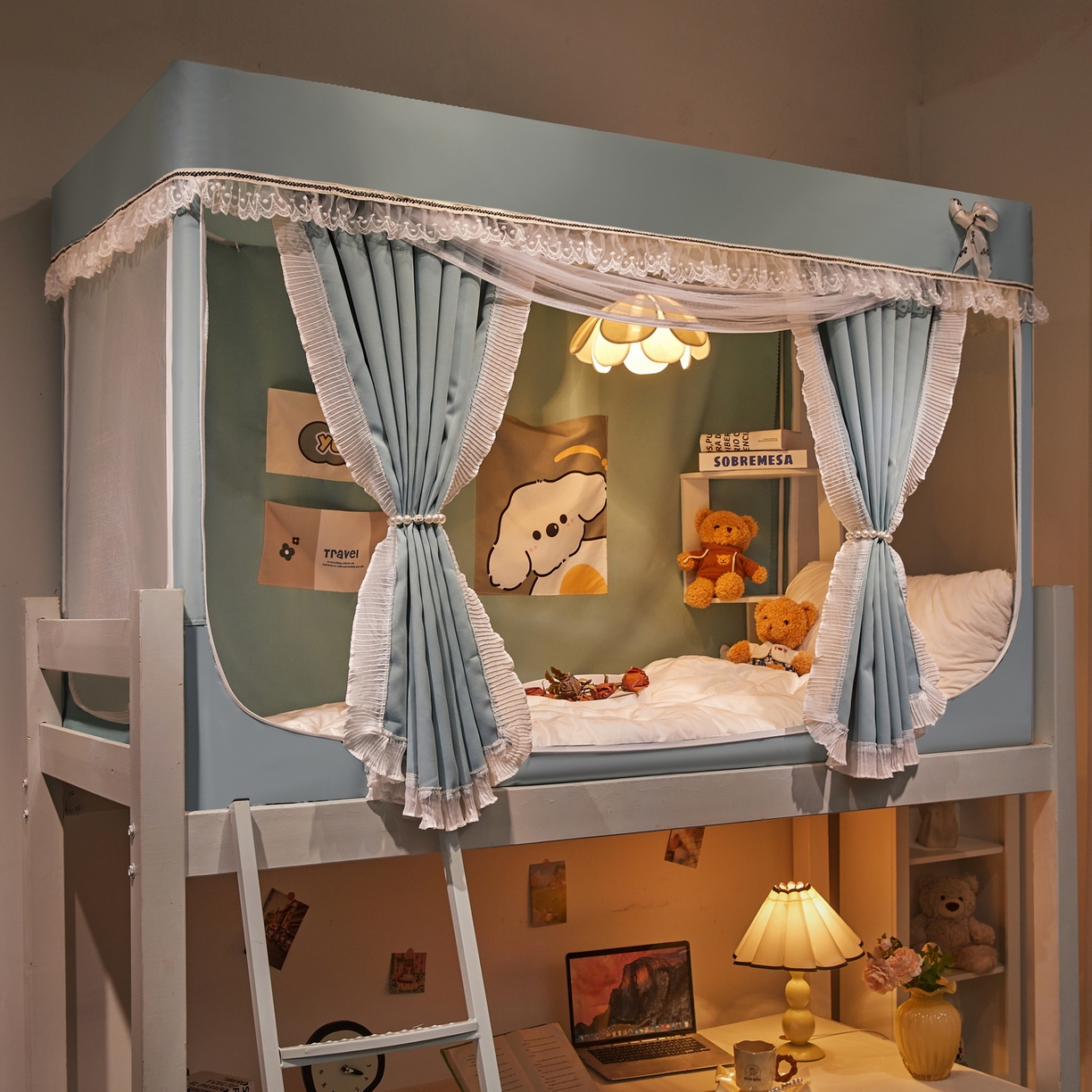 91家纺网 家纺一手货源 找家纺 夏彩 2025新款棉麻雪纺绣花防遮光铁艺烤漆学生蚊帐-88627 88627-蓝绿