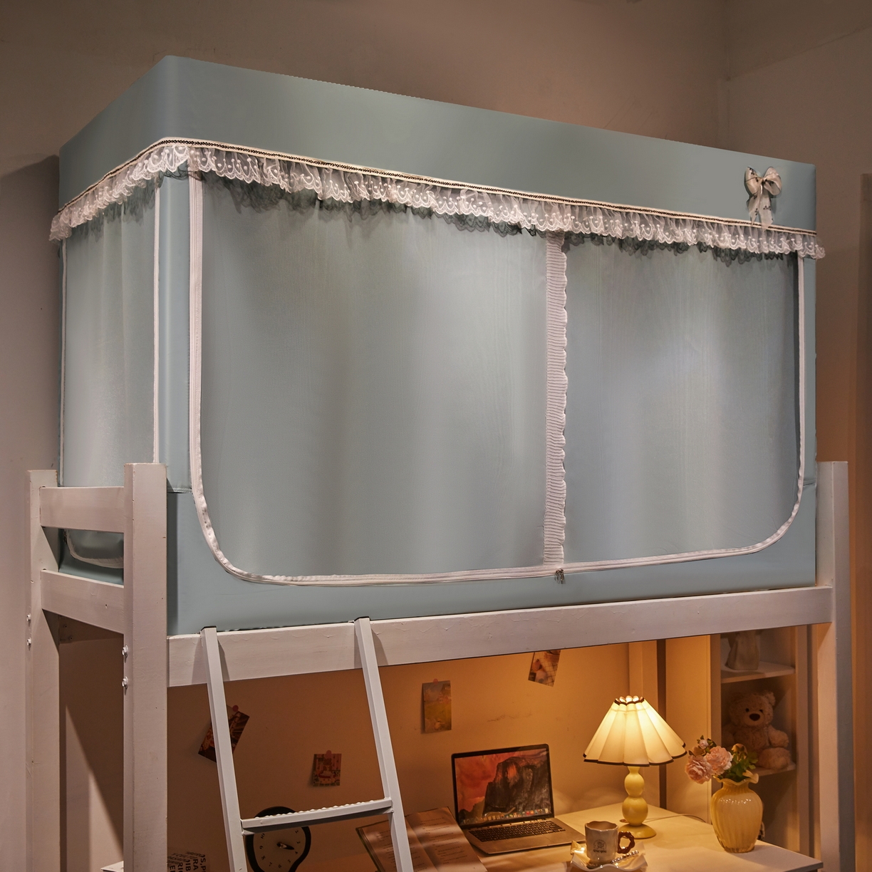 91家纺网 家纺一手货源 找家纺 夏彩 2025新款棉麻雪纺绣花防遮光铁艺烤漆学生蚊帐-88627 88627-蓝绿