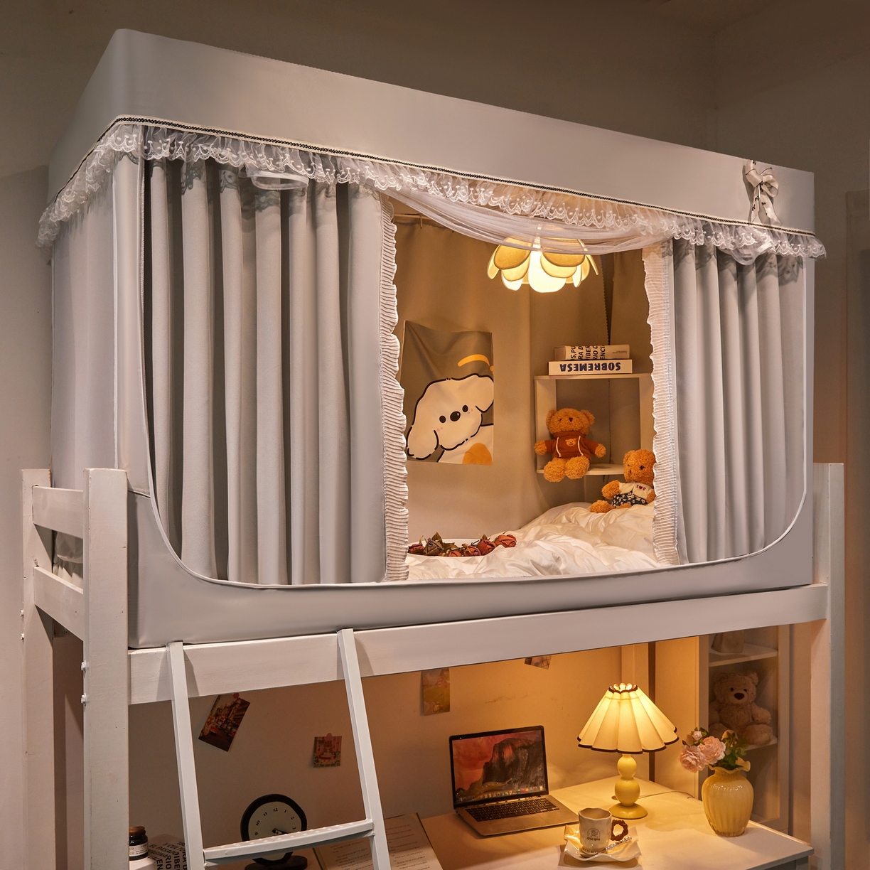 91家纺网 家纺一手货源 找家纺 夏彩 2025新款棉麻雪纺绣花防遮光铁艺烤漆学生蚊帐-88627 88627-暖灰