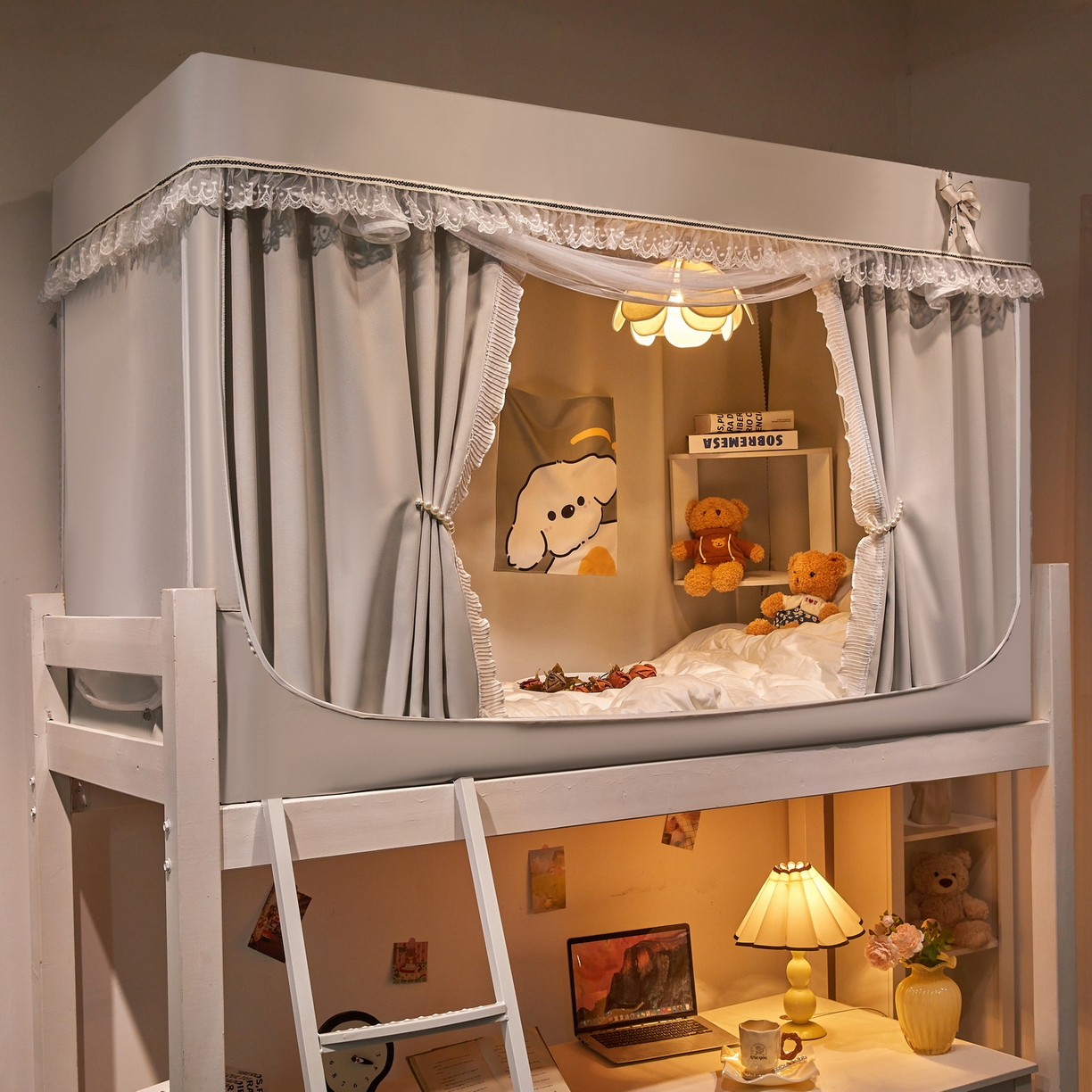 91家纺网 家纺一手货源 找家纺 夏彩 2025新款棉麻雪纺绣花防遮光铁艺烤漆学生蚊帐-88627 88627-暖灰