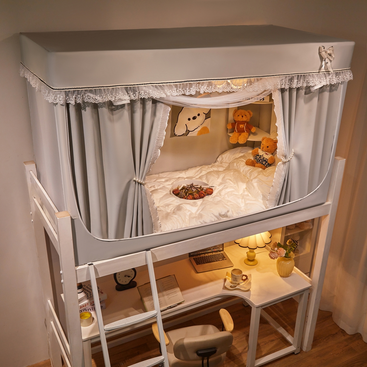 91家纺网 家纺一手货源 找家纺 夏彩 2025新款棉麻雪纺绣花防遮光铁艺烤漆学生蚊帐-88627 88627-暖灰