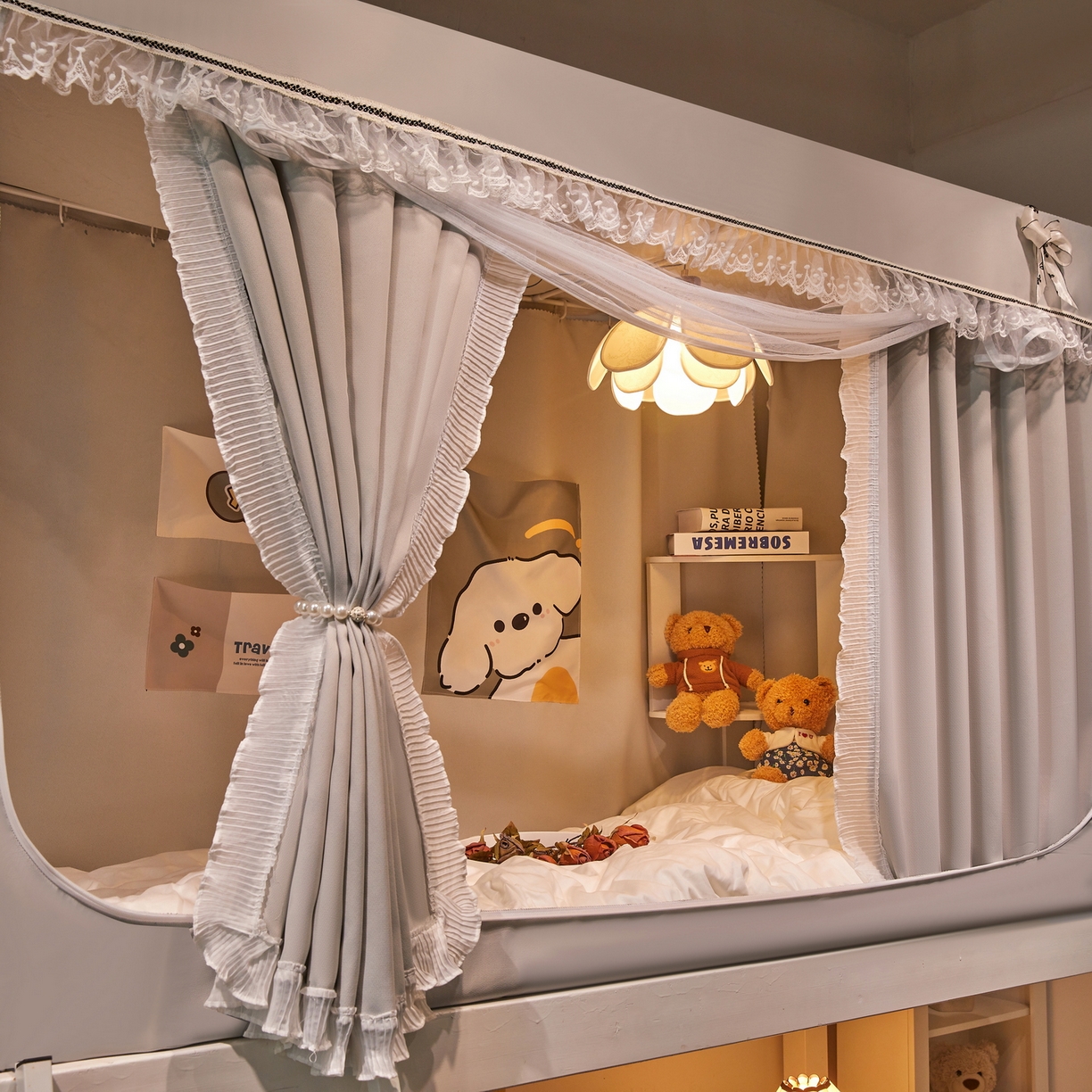 91家纺网 家纺一手货源 找家纺 夏彩 2025新款棉麻雪纺绣花防遮光铁艺烤漆学生蚊帐-88627 88627-暖灰