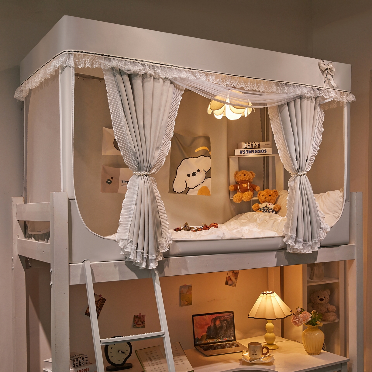 91家纺网 家纺一手货源 找家纺 夏彩 2025新款棉麻雪纺绣花防遮光铁艺烤漆学生蚊帐-88627 88627-暖灰