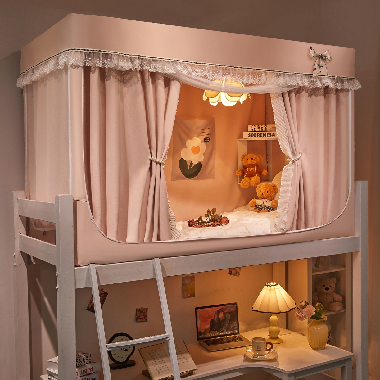 91家纺网 家纺一手货源 找家纺 夏彩 2025新款棉麻雪纺绣花防遮光铁艺烤漆学生蚊帐-88627 88627-浅粉玉