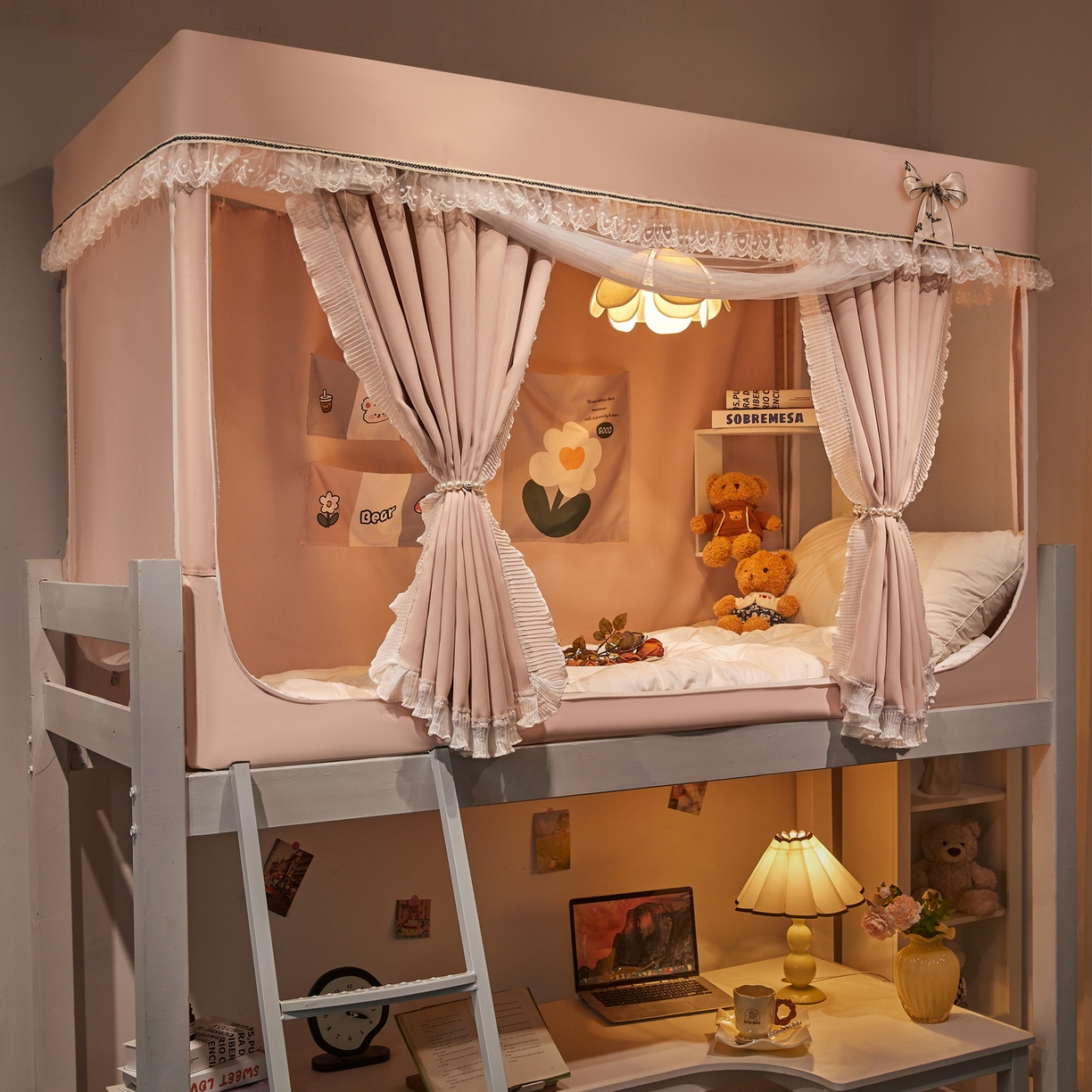 91家纺网 家纺一手货源 找家纺 夏彩 2025新款棉麻雪纺绣花防遮光铁艺烤漆学生蚊帐-88627 88627-浅粉玉