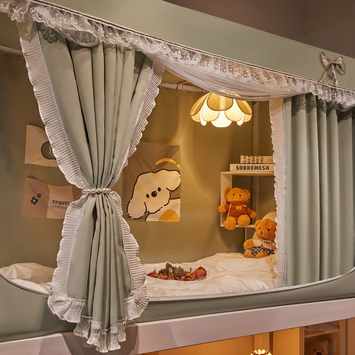 91家纺网 家纺一手货源 找家纺 夏彩 2025新款棉麻雪纺绣花防遮光铁艺烤漆学生蚊帐-88627 88627-清新绿