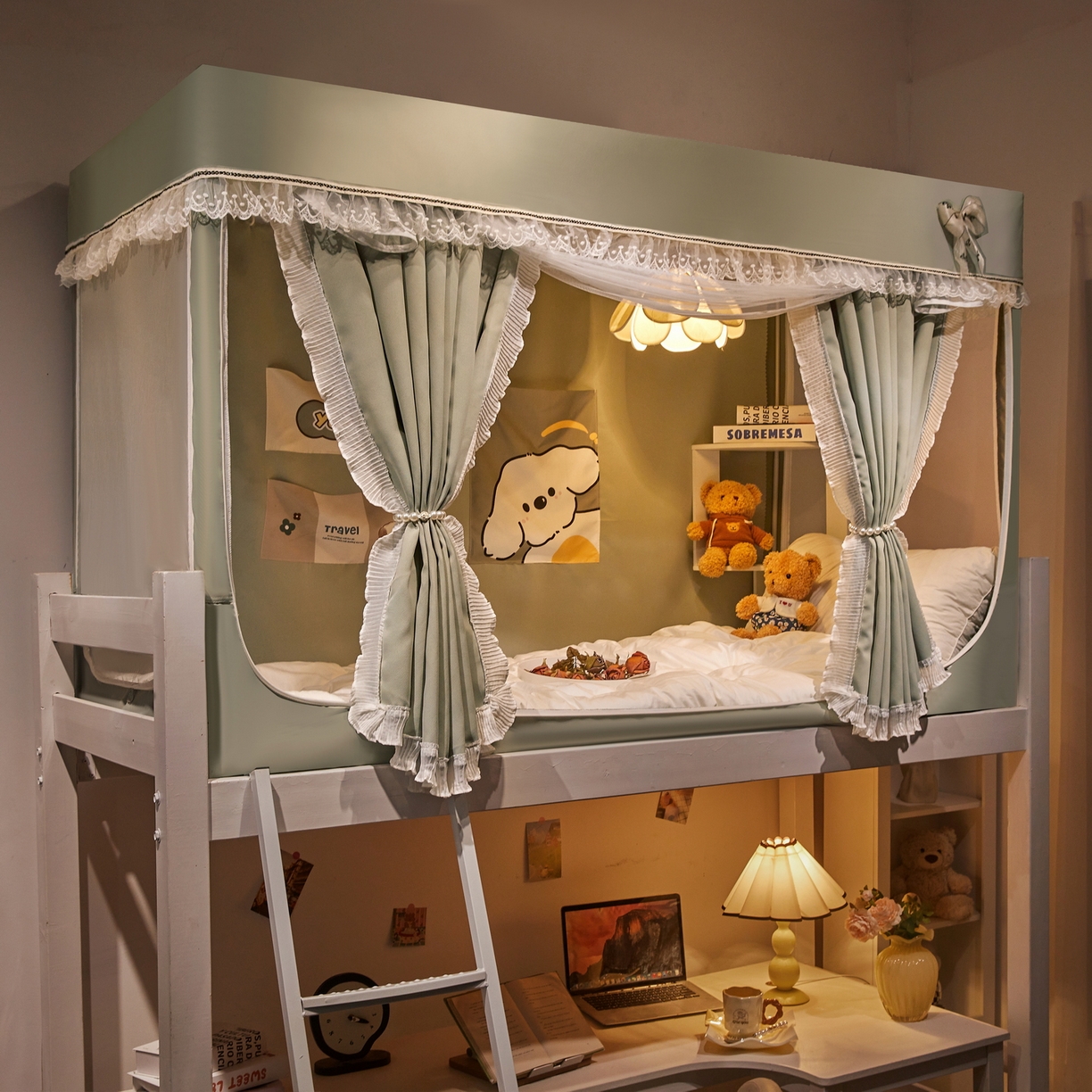 91家纺网 家纺一手货源 找家纺 夏彩 2025新款棉麻雪纺绣花防遮光铁艺烤漆学生蚊帐-88627 88627-清新绿