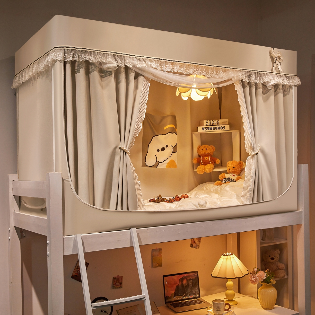 91家纺网 家纺一手货源 找家纺 夏彩 2025新款棉麻雪纺绣花防遮光铁艺烤漆学生蚊帐-88627 88627-香槟