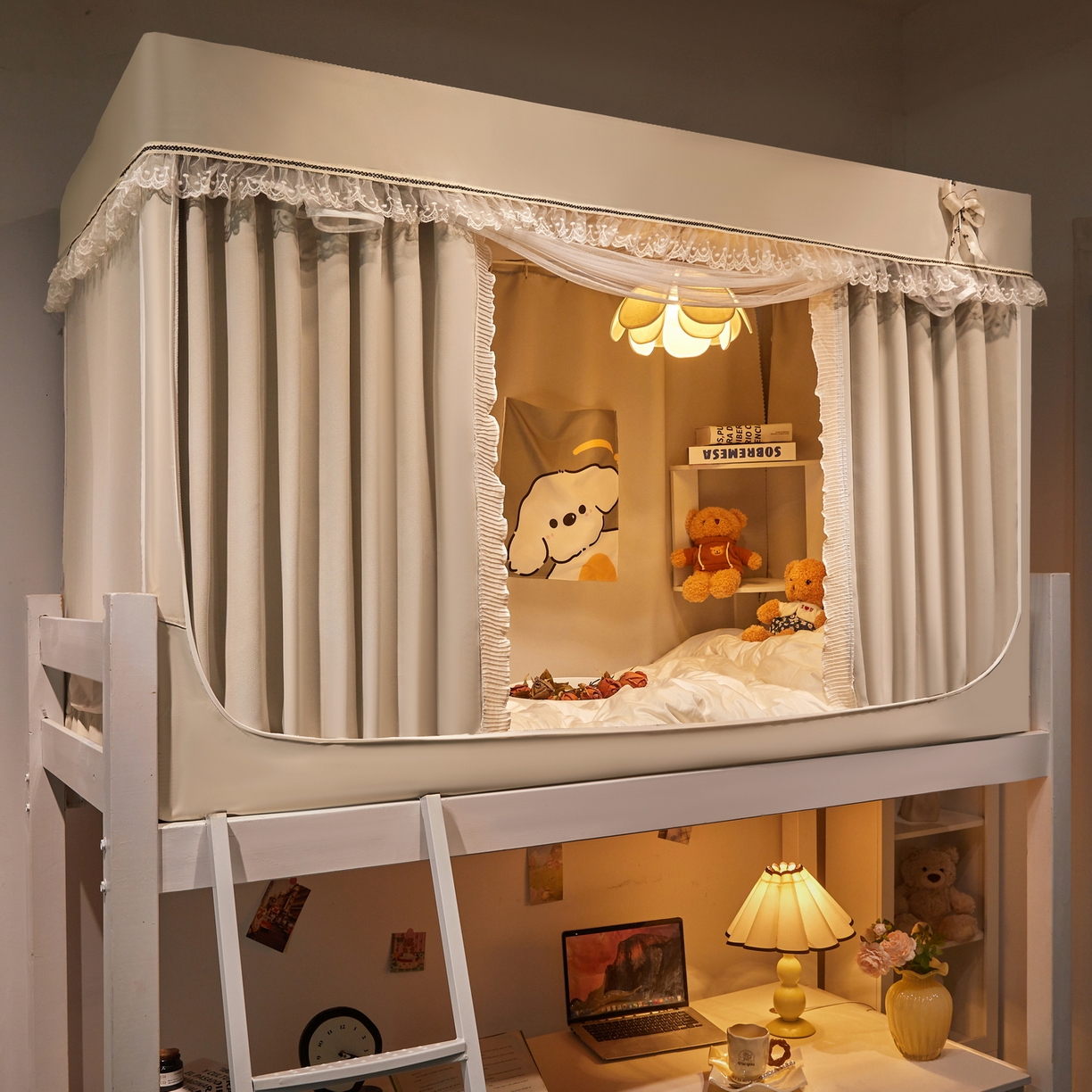 91家纺网 家纺一手货源 找家纺 夏彩 2025新款棉麻雪纺绣花防遮光铁艺烤漆学生蚊帐-88627 88627-香槟