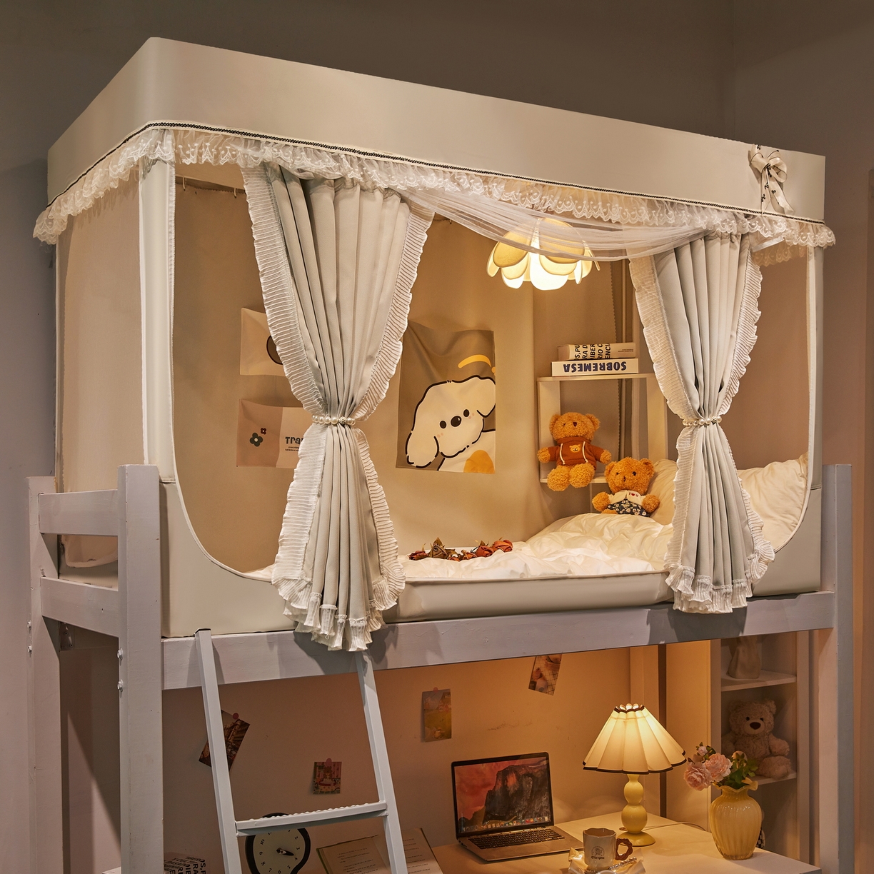 91家纺网 家纺一手货源 找家纺 夏彩 2025新款棉麻雪纺绣花防遮光铁艺烤漆学生蚊帐-88627 88627-香槟