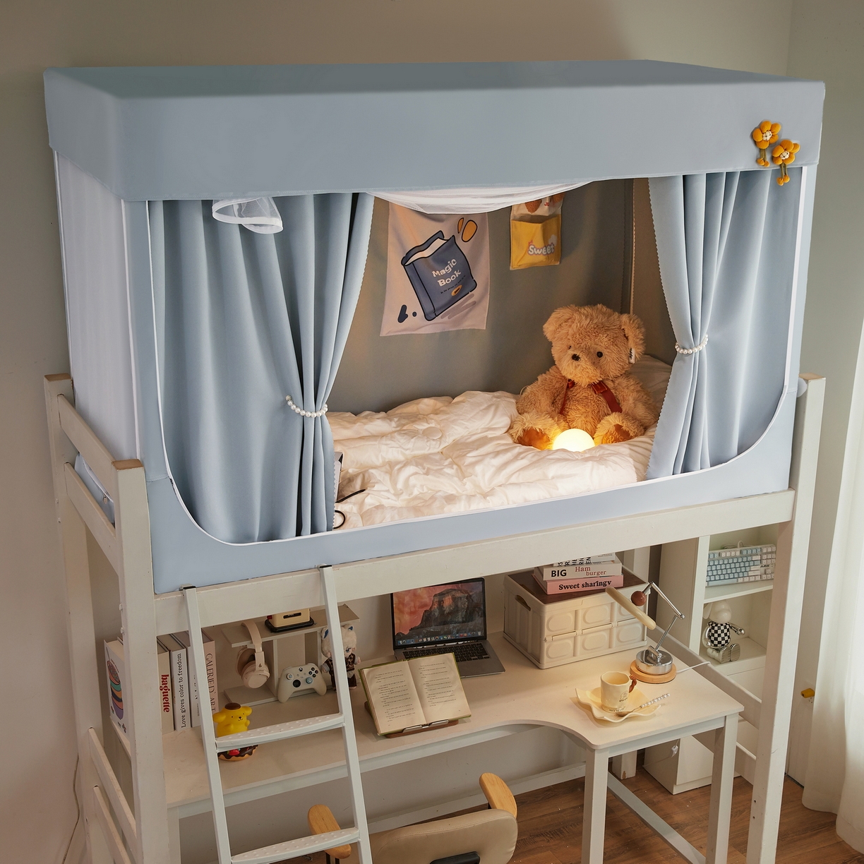 91家纺网 家纺一手货源 找家纺 夏彩 2025新款棉麻强遮光铁艺烤漆学生蚊帐-88628 88628-云水蓝