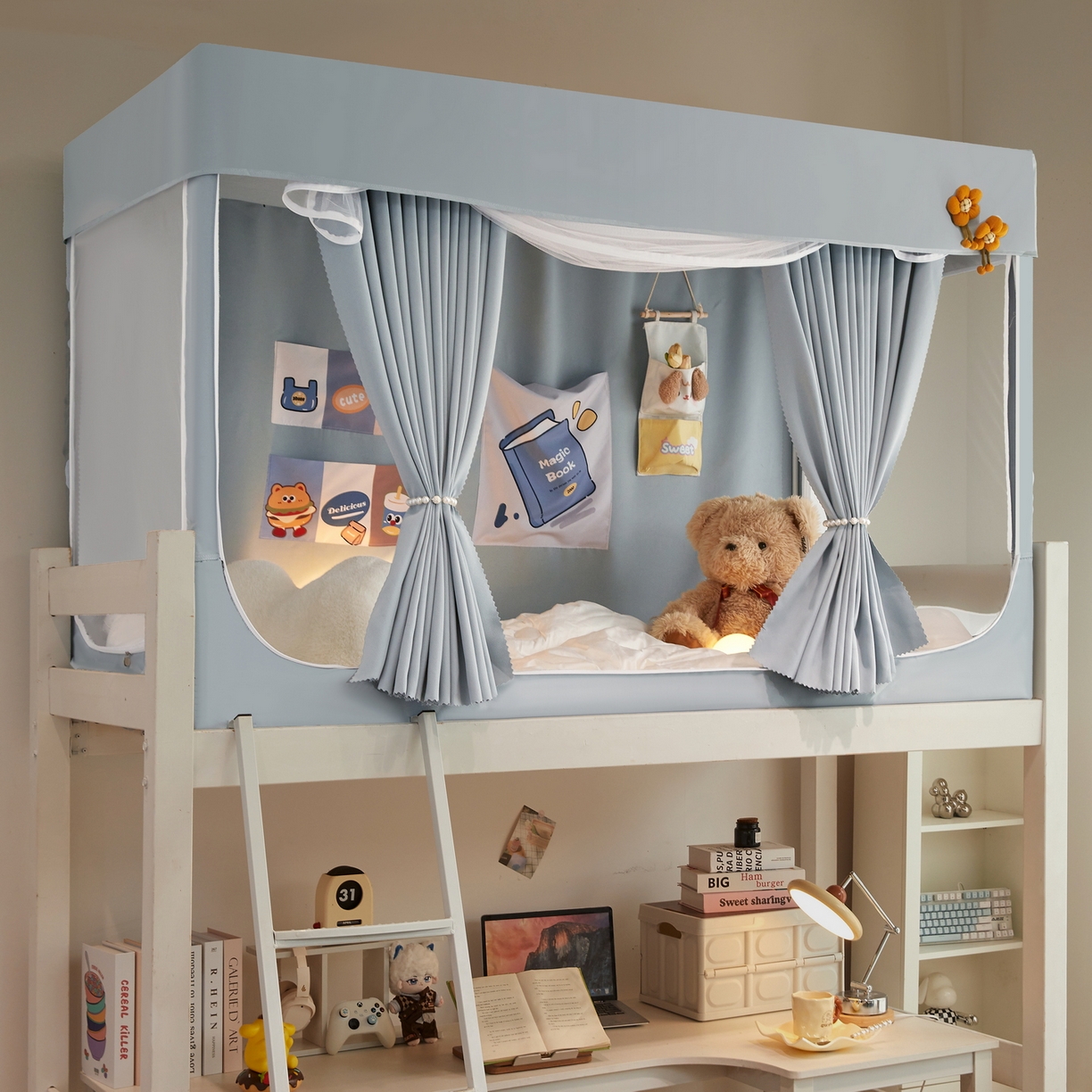 91家纺网 家纺一手货源 找家纺 夏彩 2025新款棉麻强遮光铁艺烤漆学生蚊帐-88628 88628-云水蓝