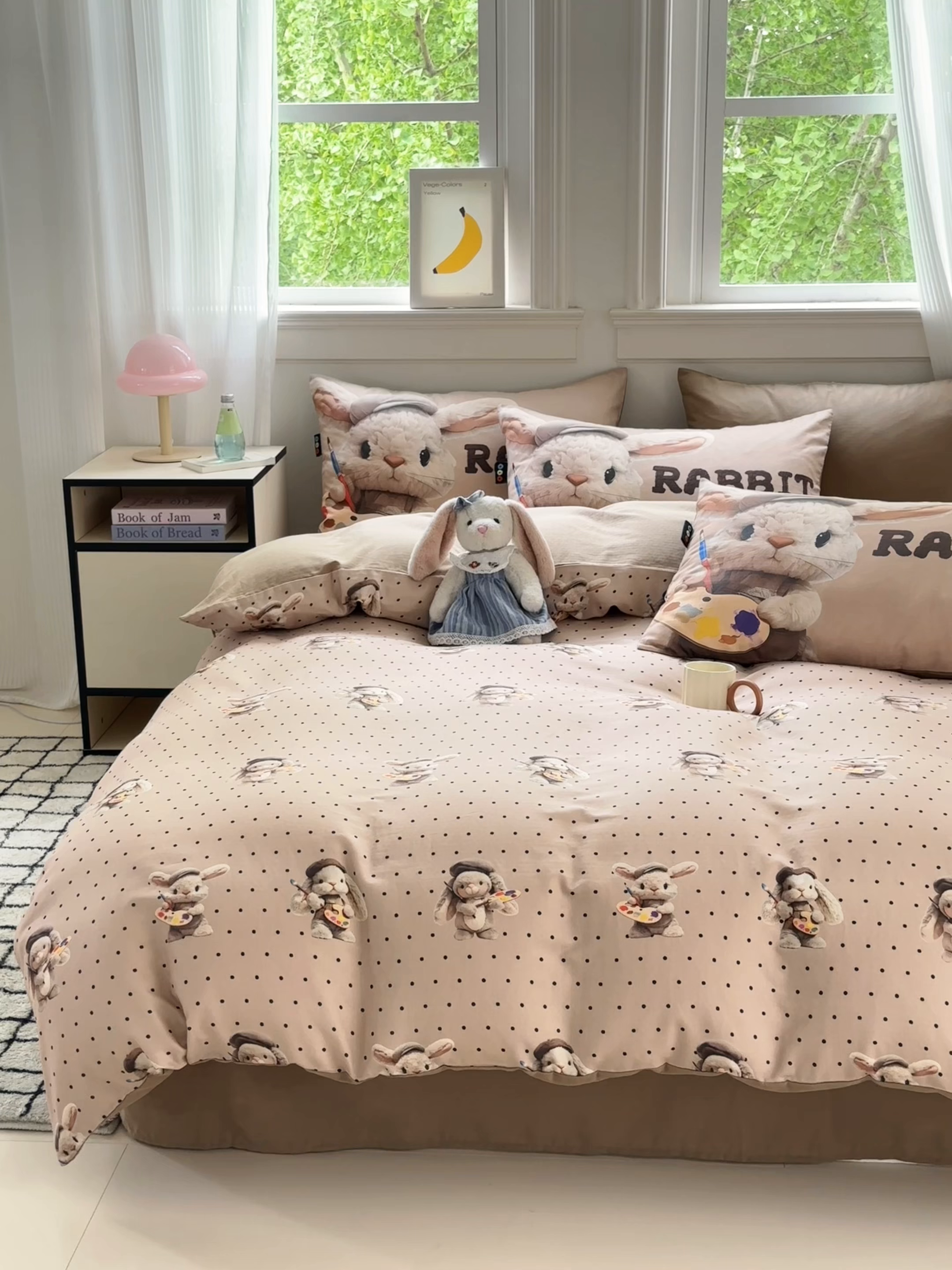 91家纺网 家纺一手货源 找家纺 RYB红黄兰 2025新款ins卡通设计师原创5D立体数码全棉纯棉双层纱四件套系列 巧克力兔兔