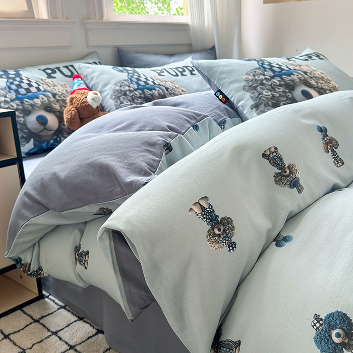 91家纺网 家纺一手货源 找家纺 RYB红黄兰 2025新款ins卡通设计师原创5D立体数码全棉纯棉双层纱四件套系列 雾蓝小狗