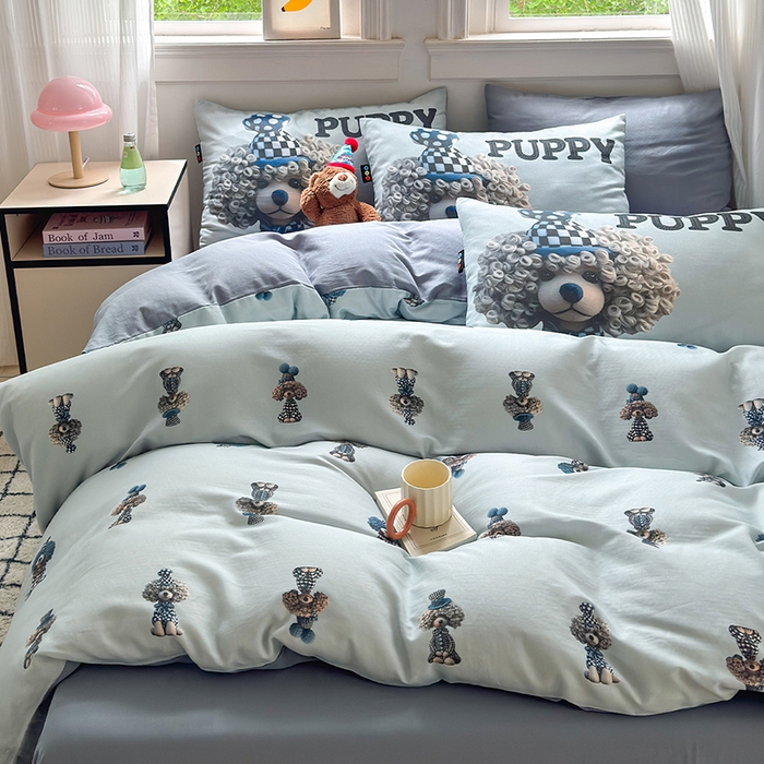 91家纺网 家纺一手货源 找家纺 RYB红黄兰 2025新款ins卡通设计师原创5D立体数码全棉纯棉双层纱四件套系列 雾蓝小狗