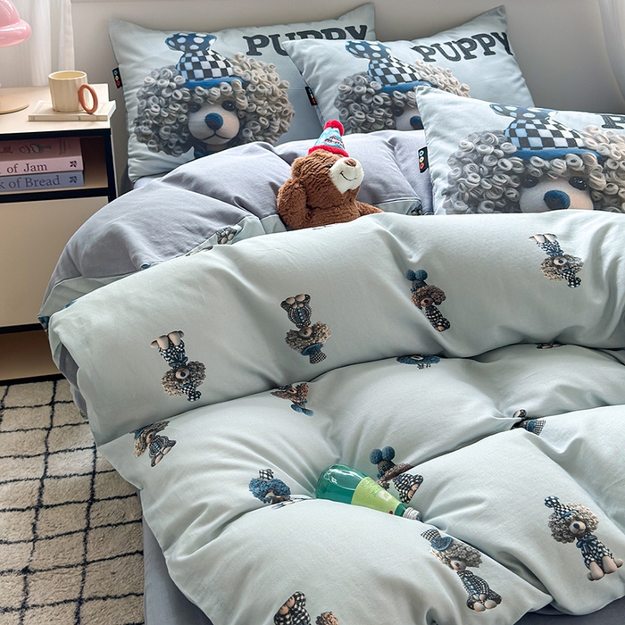 91家纺网 家纺一手货源 找家纺 RYB红黄兰 2025新款ins卡通设计师原创5D立体数码全棉纯棉双层纱四件套系列 雾蓝小狗