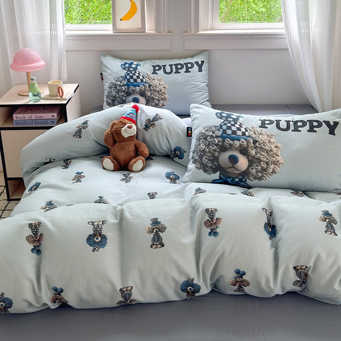 91家纺网 家纺一手货源 找家纺 RYB红黄兰 2025新款ins卡通设计师原创5D立体数码全棉纯棉双层纱四件套系列 雾蓝小狗