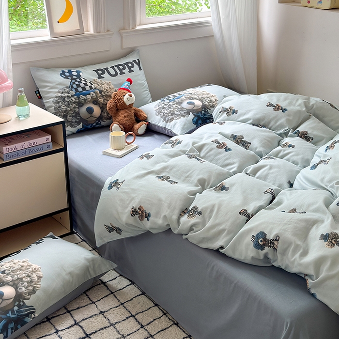 91家纺网 家纺一手货源 找家纺 RYB红黄兰 2025新款ins卡通设计师原创5D立体数码全棉纯棉双层纱四件套系列 雾蓝小狗